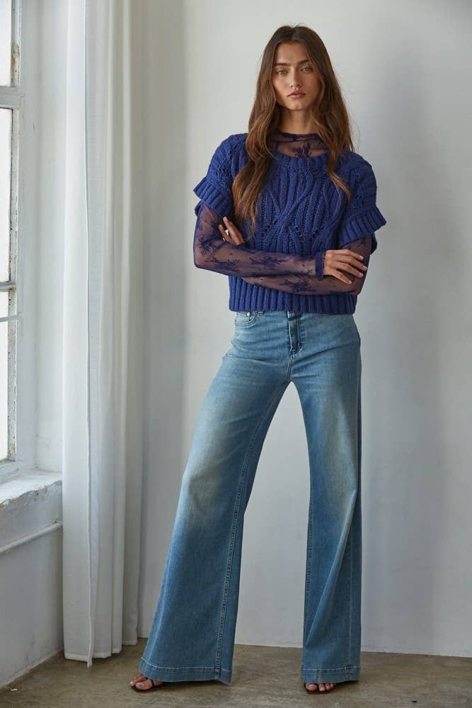 Crochet Round Neck Short Sleeve Top: Royal Blue
