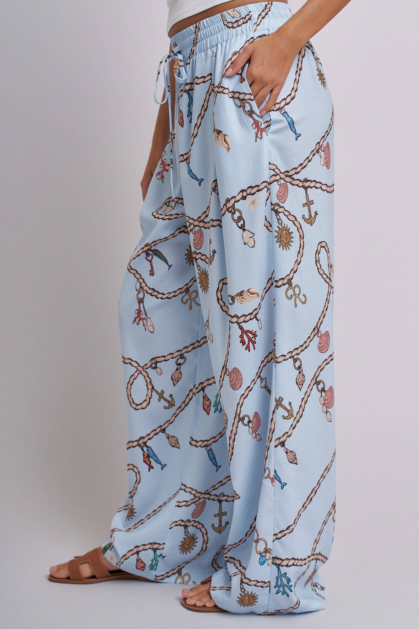 Rope Print Wide Leg Maxi Pants With Drawstring: Blue