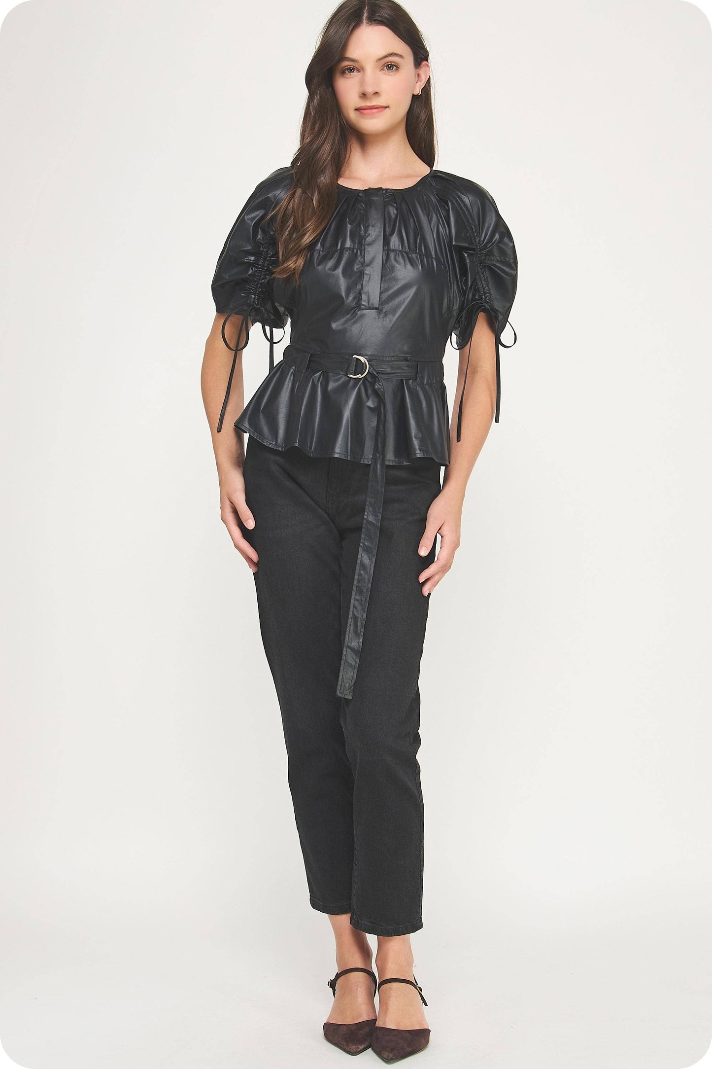 Waist Belt Pleated Faux Leather Top: Black