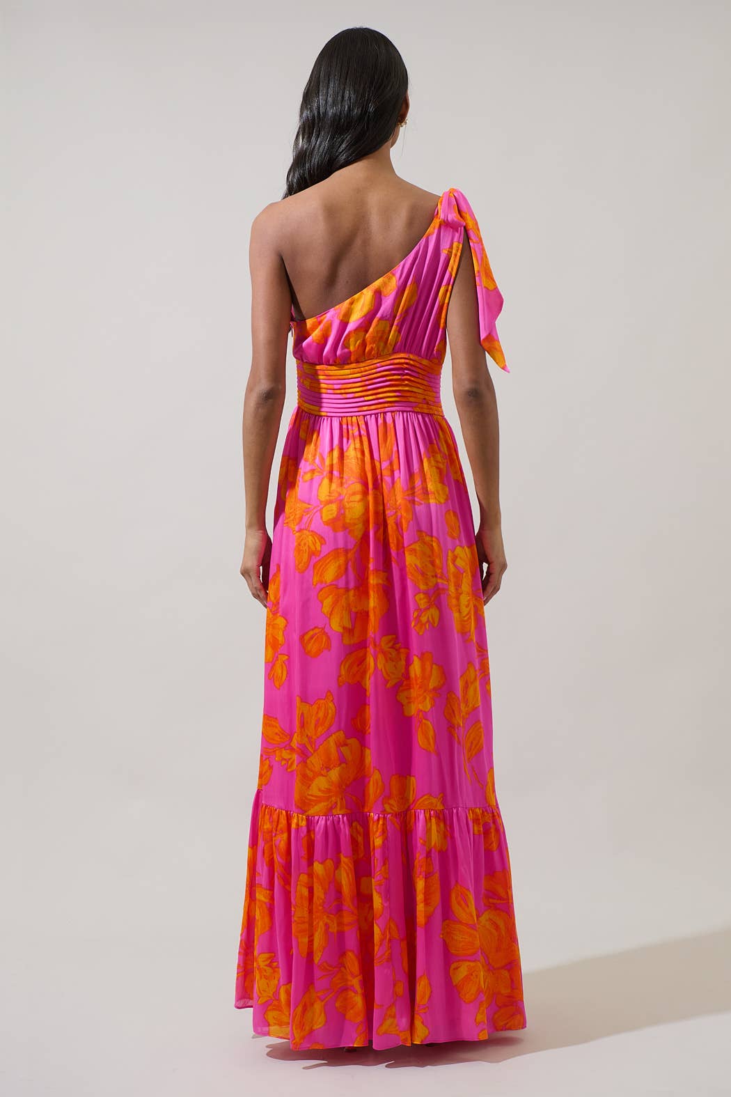 Pacey Floral Bayou One Shoulder Maxi Dress: NeonOrange/Pink