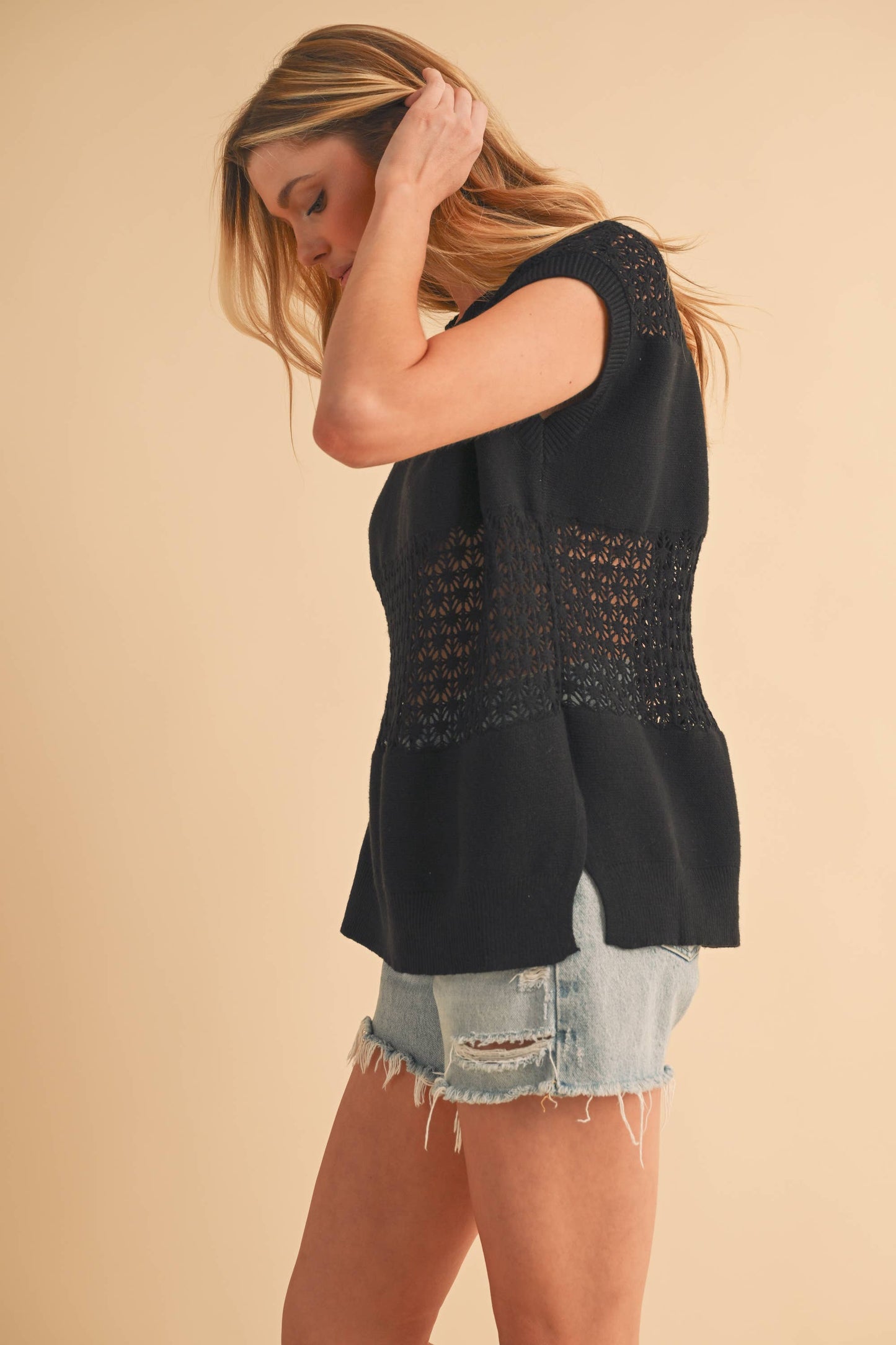 Ameena Open Stitch Mesh Sleeveless Top: Black