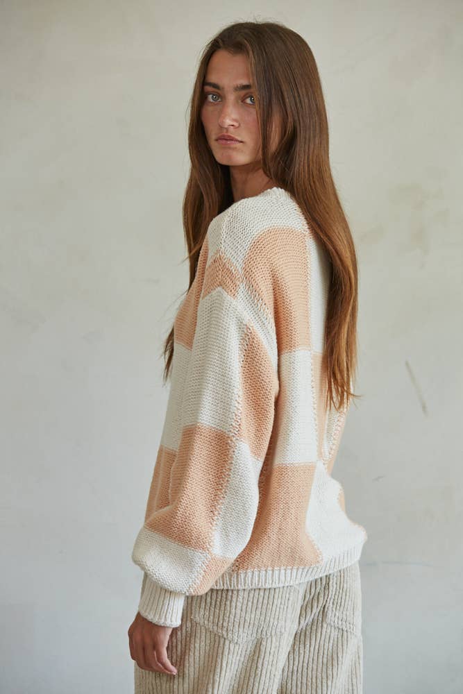 Gingham Print Long Sleeve Pullover: Cream/Peach