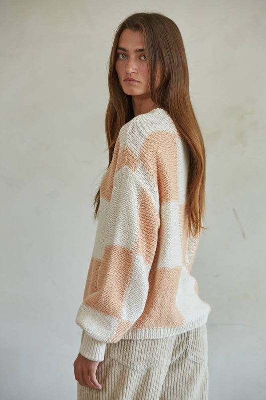 Gingham Print Long Sleeve Pullover: Cream/Peach