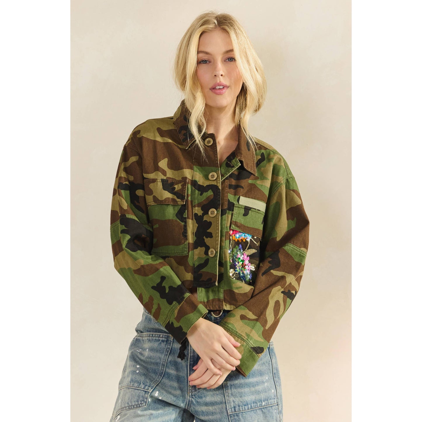 Camo/Sequin Contrast Jacket: Camo Sequin
