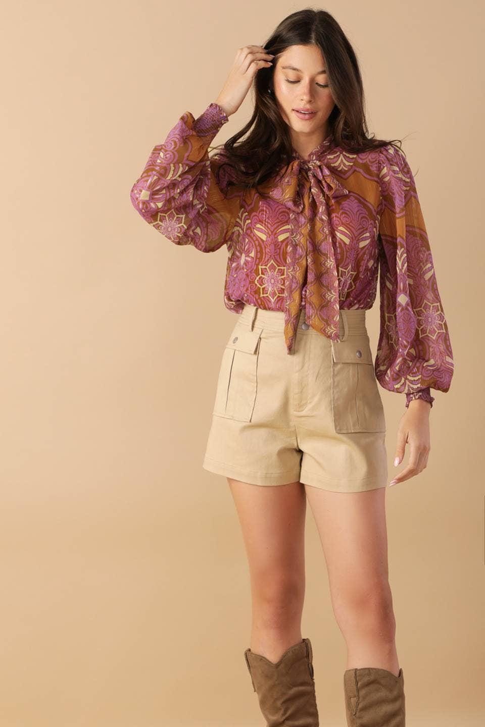 A printed woven top - IT13433: RUST PURPLE / Contemporary / S