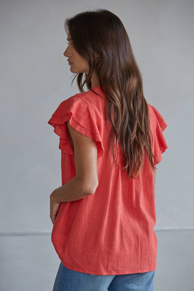 Woven Cotton Linen Button V-Neck Short Sleeve Top: Tomato
