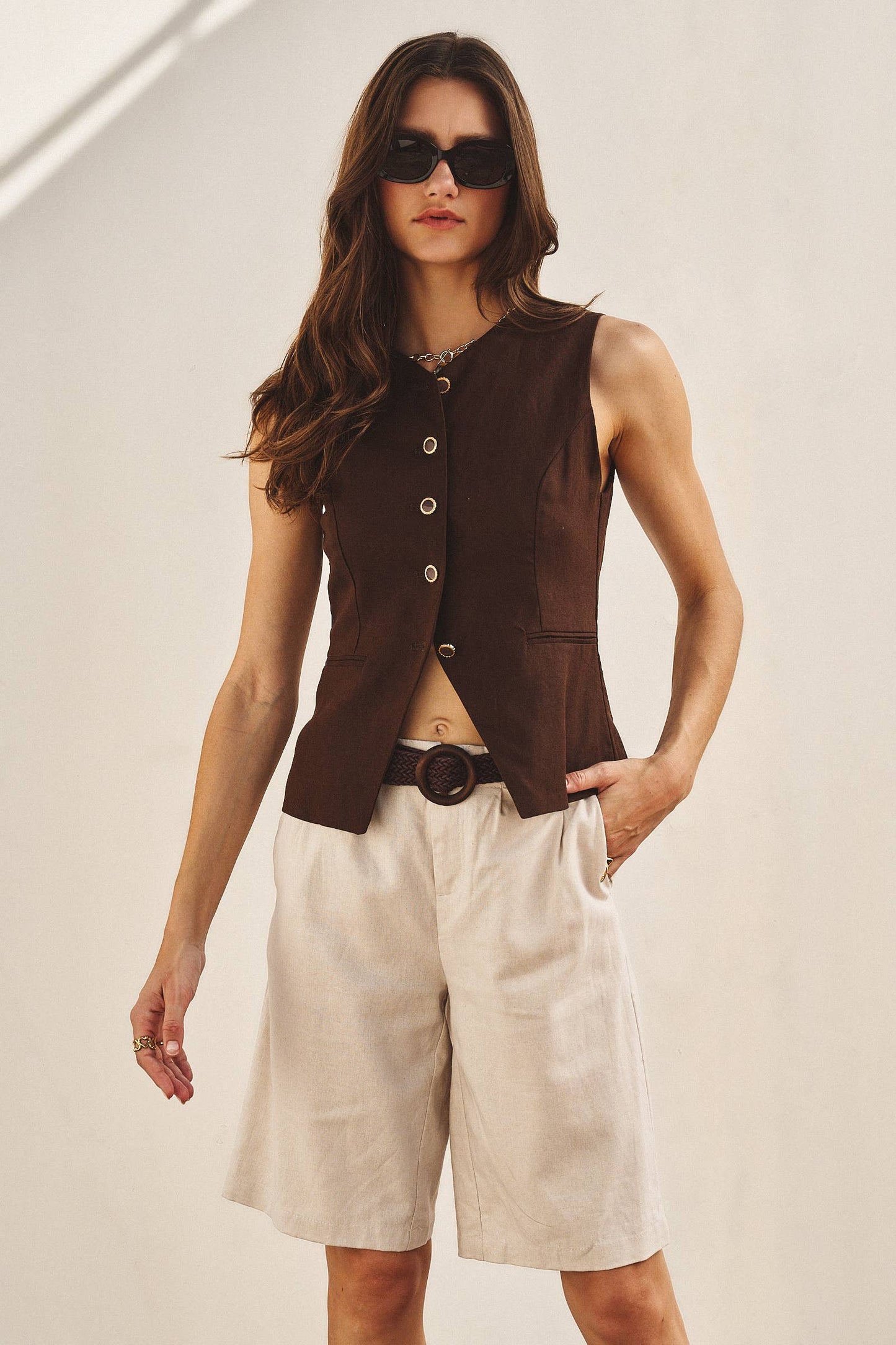 Linen Blend Belted Bermuda Shorts: Black