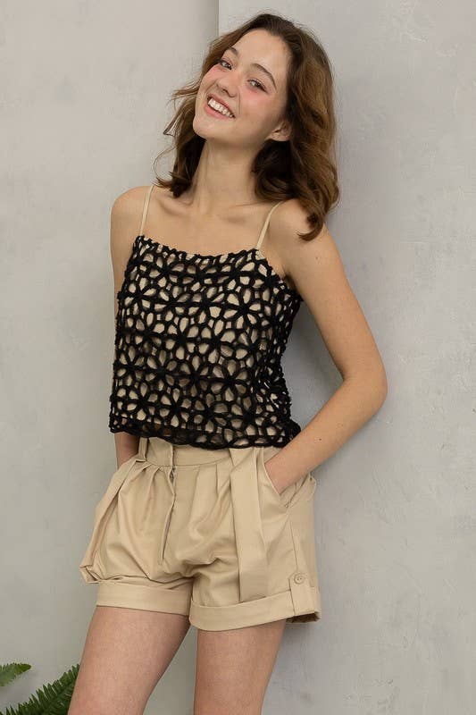 Crochet Floral Spaghetti-Strap Top: Black