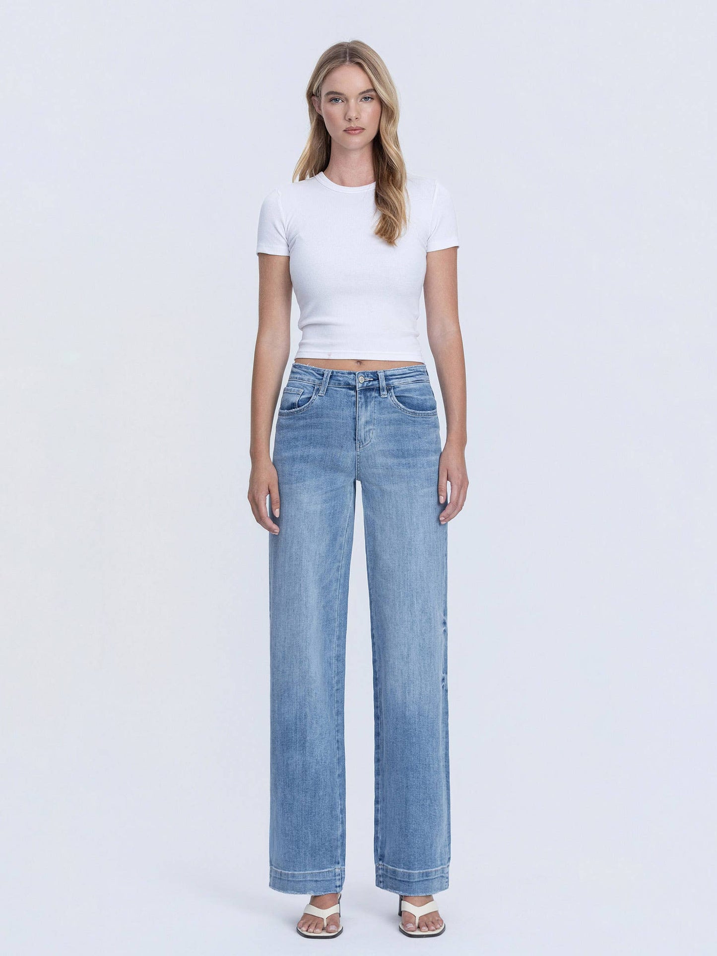 HIGH RISE MEDIUM WASH TROUSER HEM WIDE LEG JEANS F5391: PERMISSIBLE