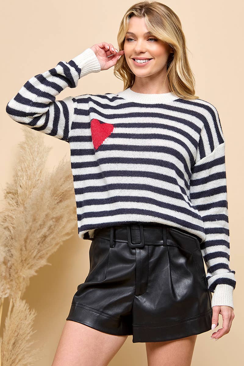 HEART STRIPE LONG SLEEVE SWEATER: Dark Navy