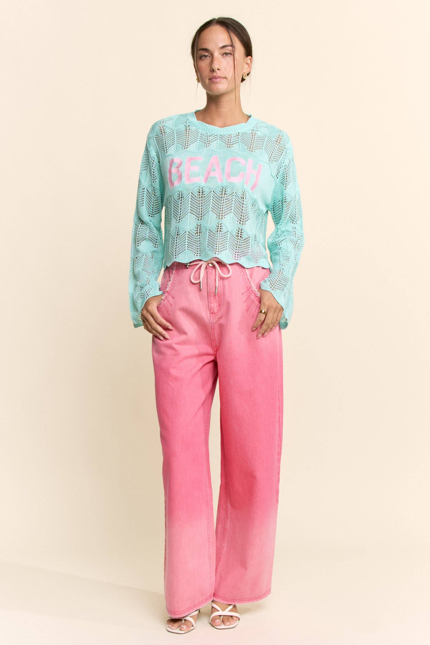 PEARL STONE BEACH LETTERING CROCHET SWEATER TOP: AQUA BLUE