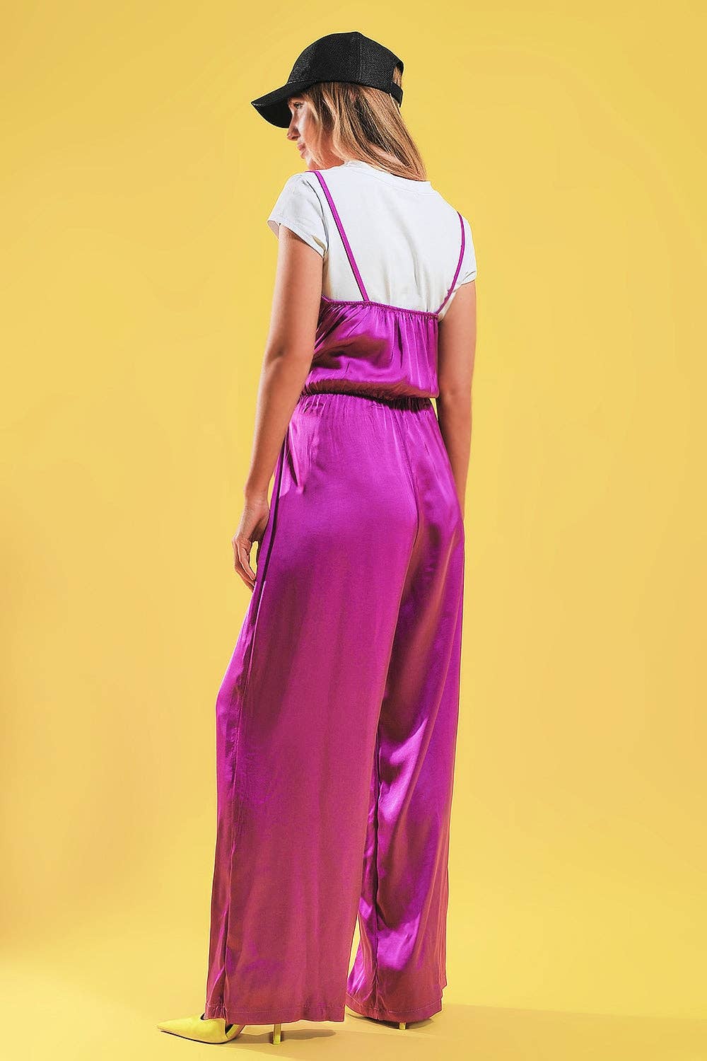 Satin cami strap jumpsuit in fuchsia: Fuchsia / One Size