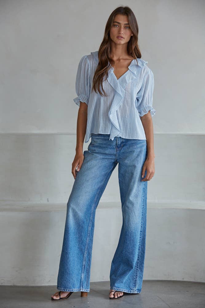Powder Blue Cotton Button-Down V-Neck Short Sleeve with Ruffle Detail