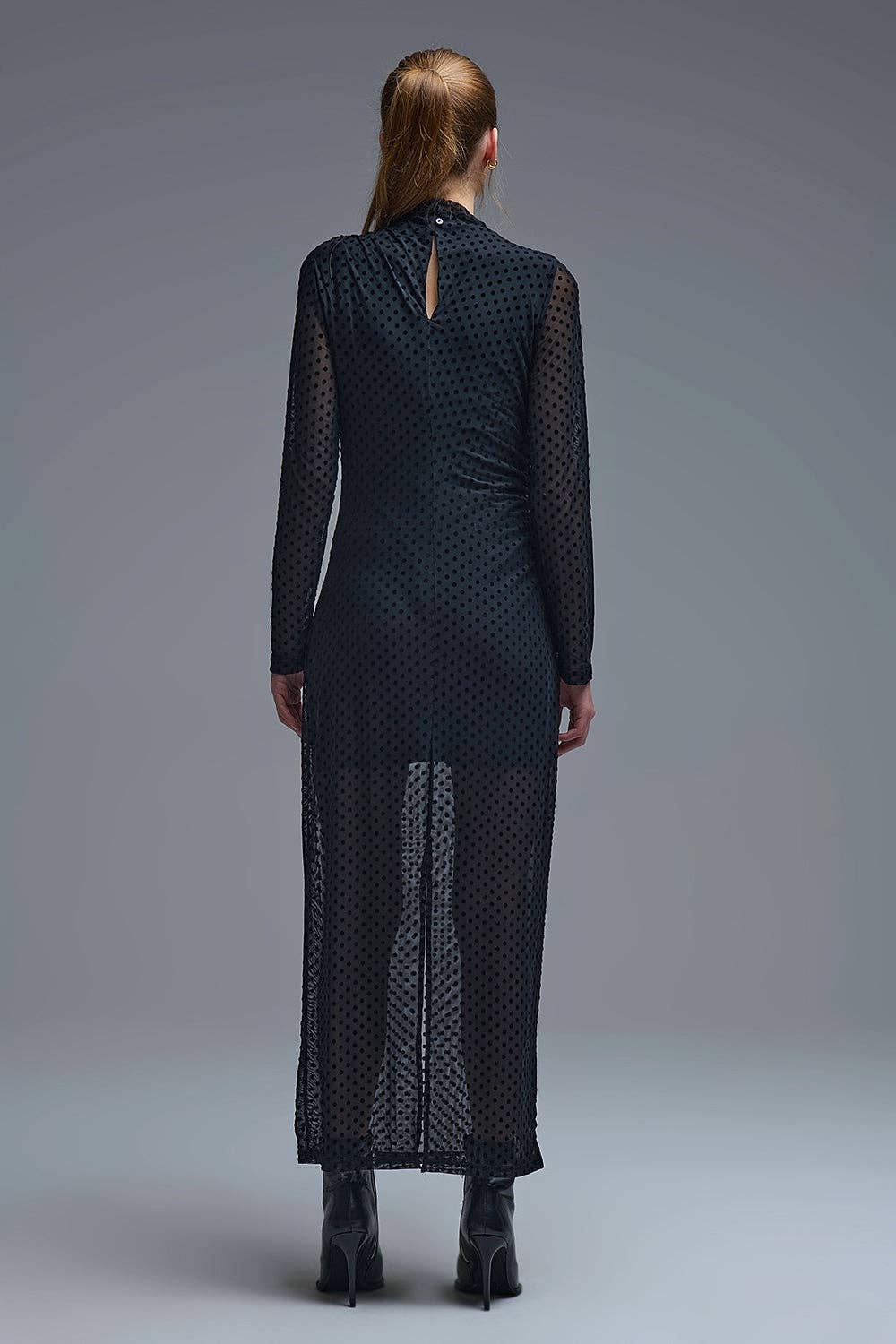 Chic Black Sheer Polka Dot Midi Dress