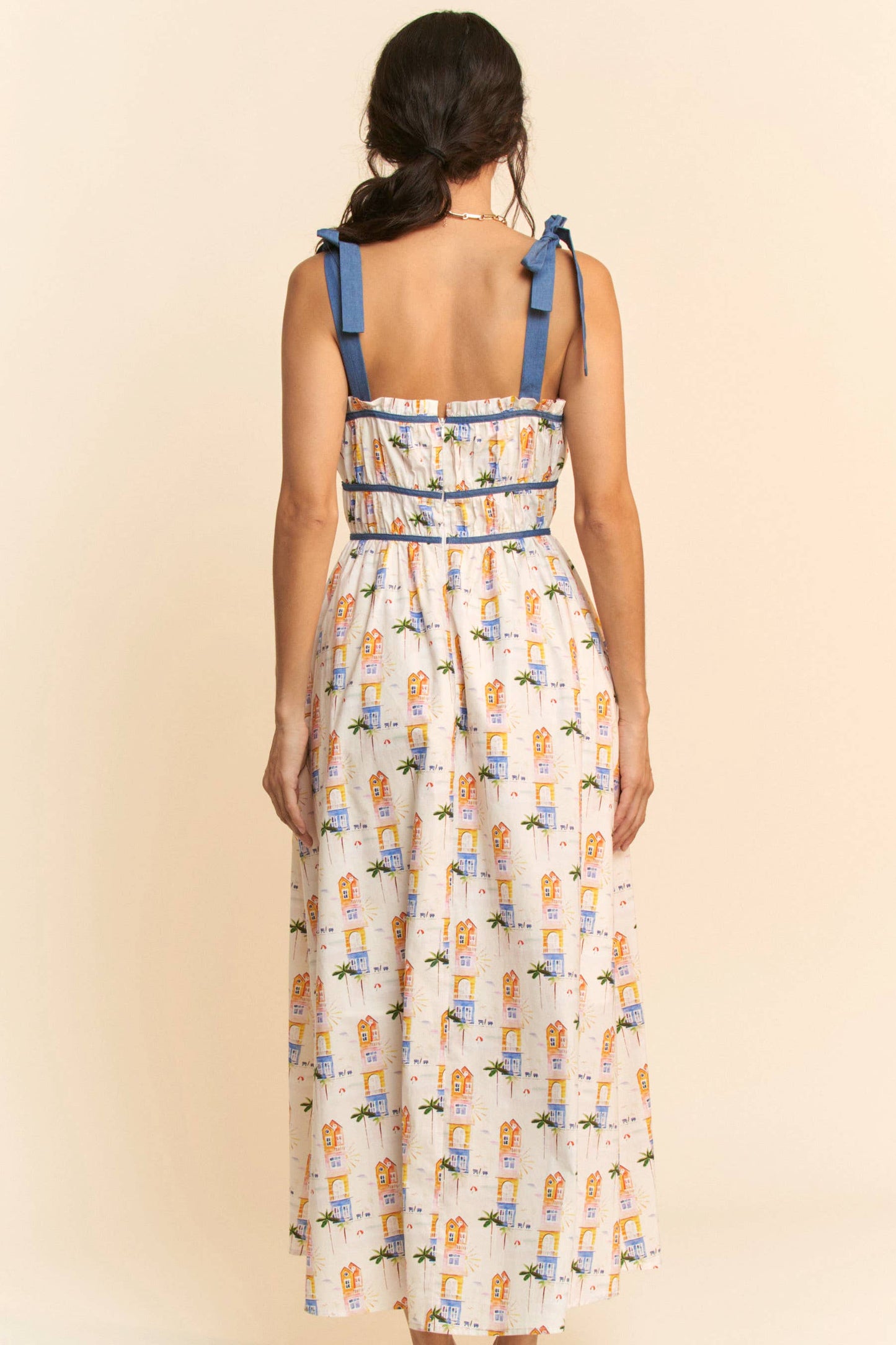 PRINTED RIBBON STRAPS MAXI SUN DRESS: White Multi