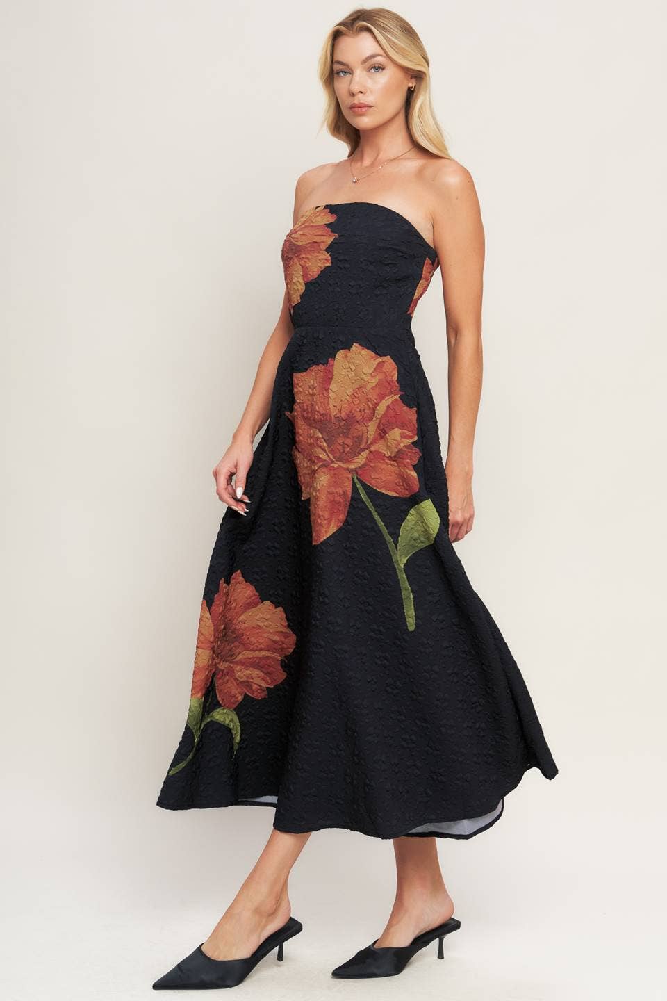 Textured strapless Floral dress - ID23194: Black