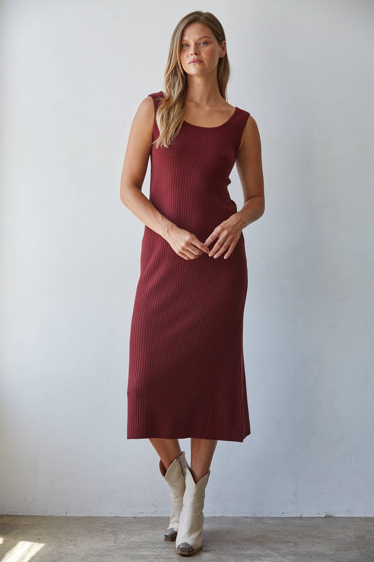 W2288D | Knit Sweater Viscose Polyester Nylon Ribbed Dress: Wine