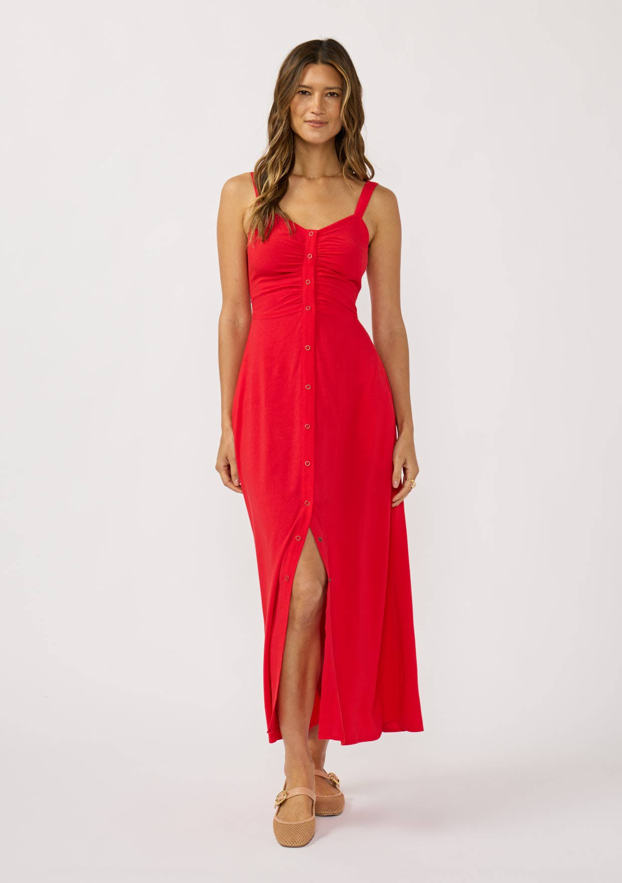 V-Neck Ruched Button Down Maxi Dress: Tomato