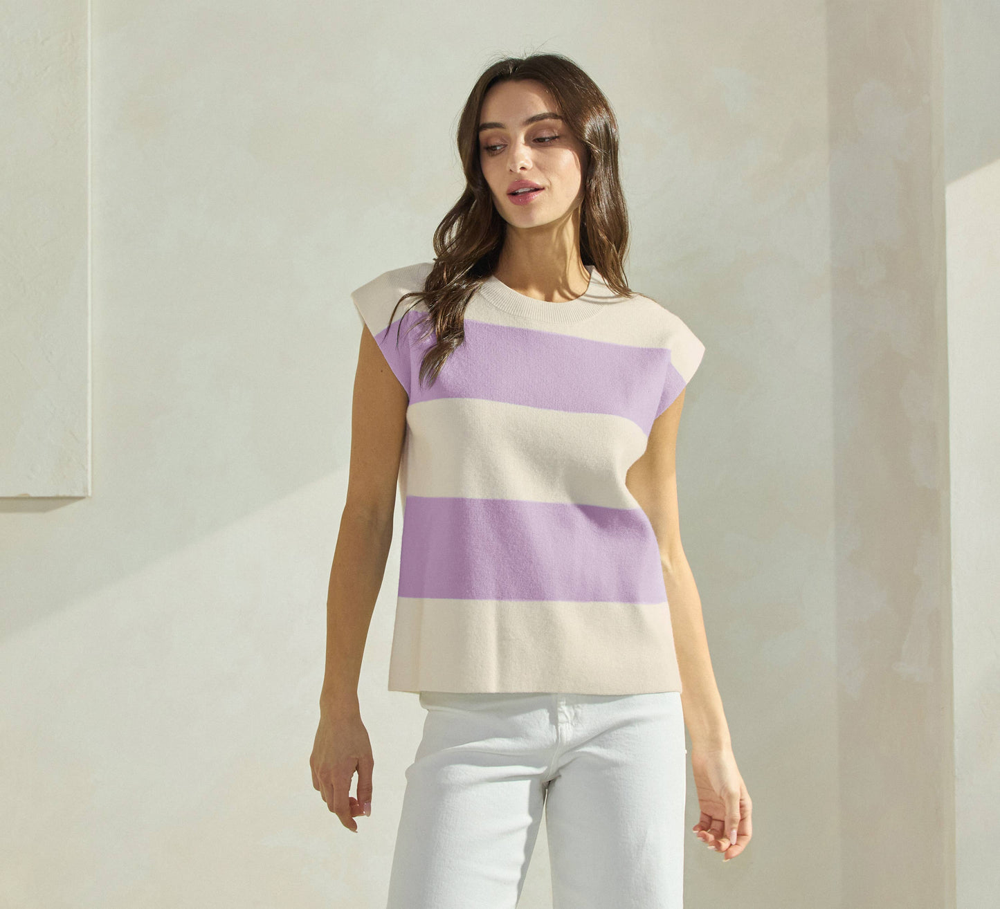 Striped Sleeveless Knit Top: IVORY/SKY
