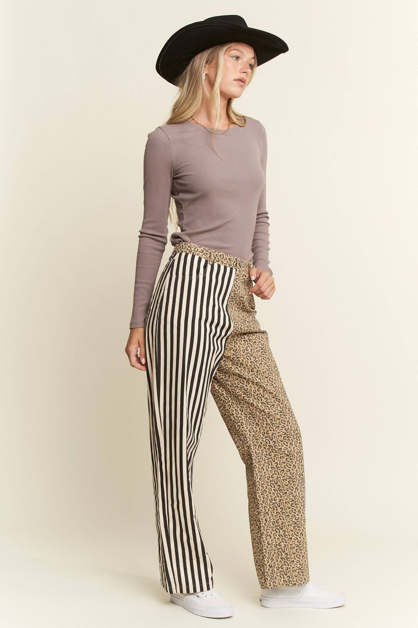 MIX & MATCH LEOPARD-STRIPE PANTS: Brown