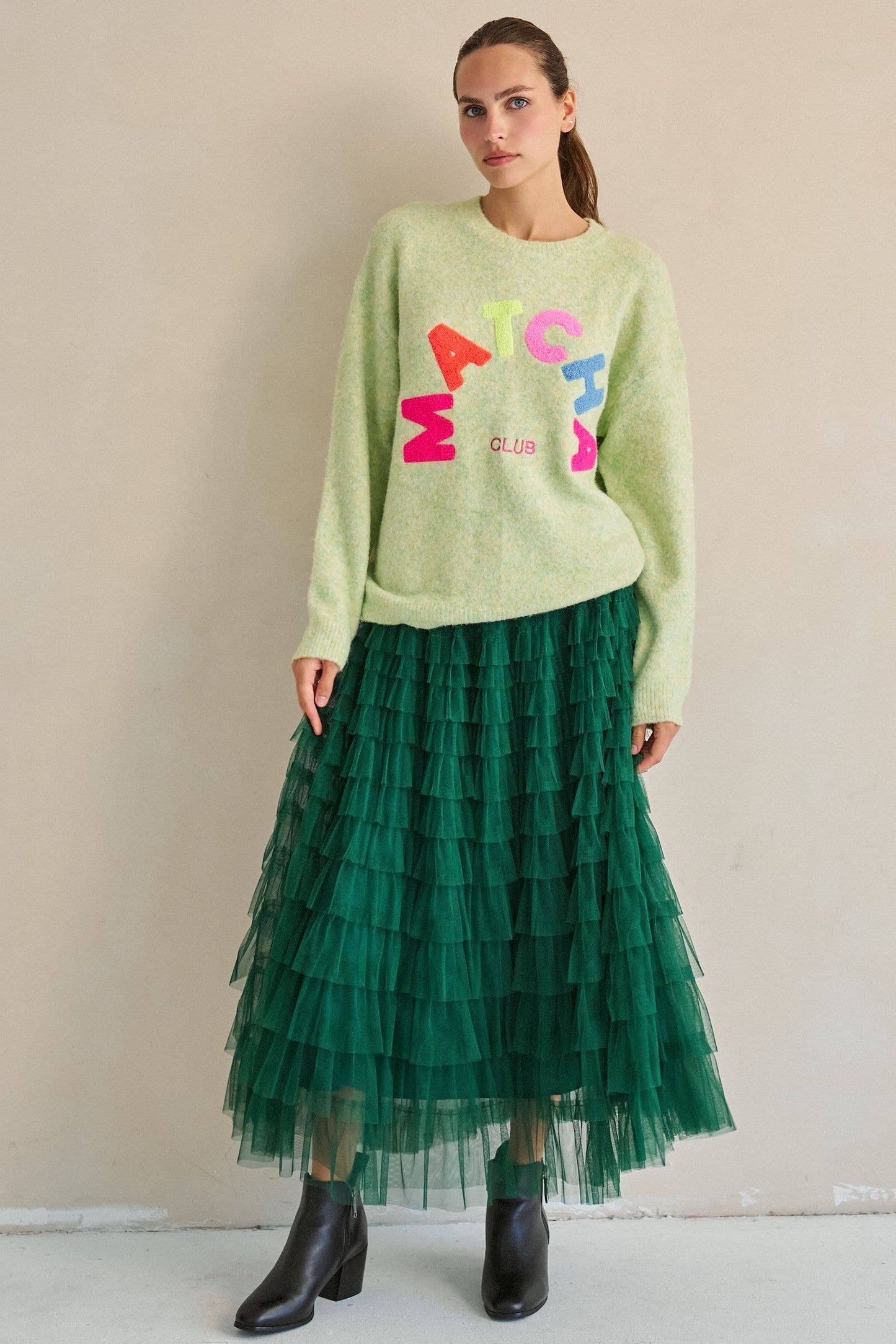 TIERED RUFFLE MESH MAXI SKIRT: GREEN