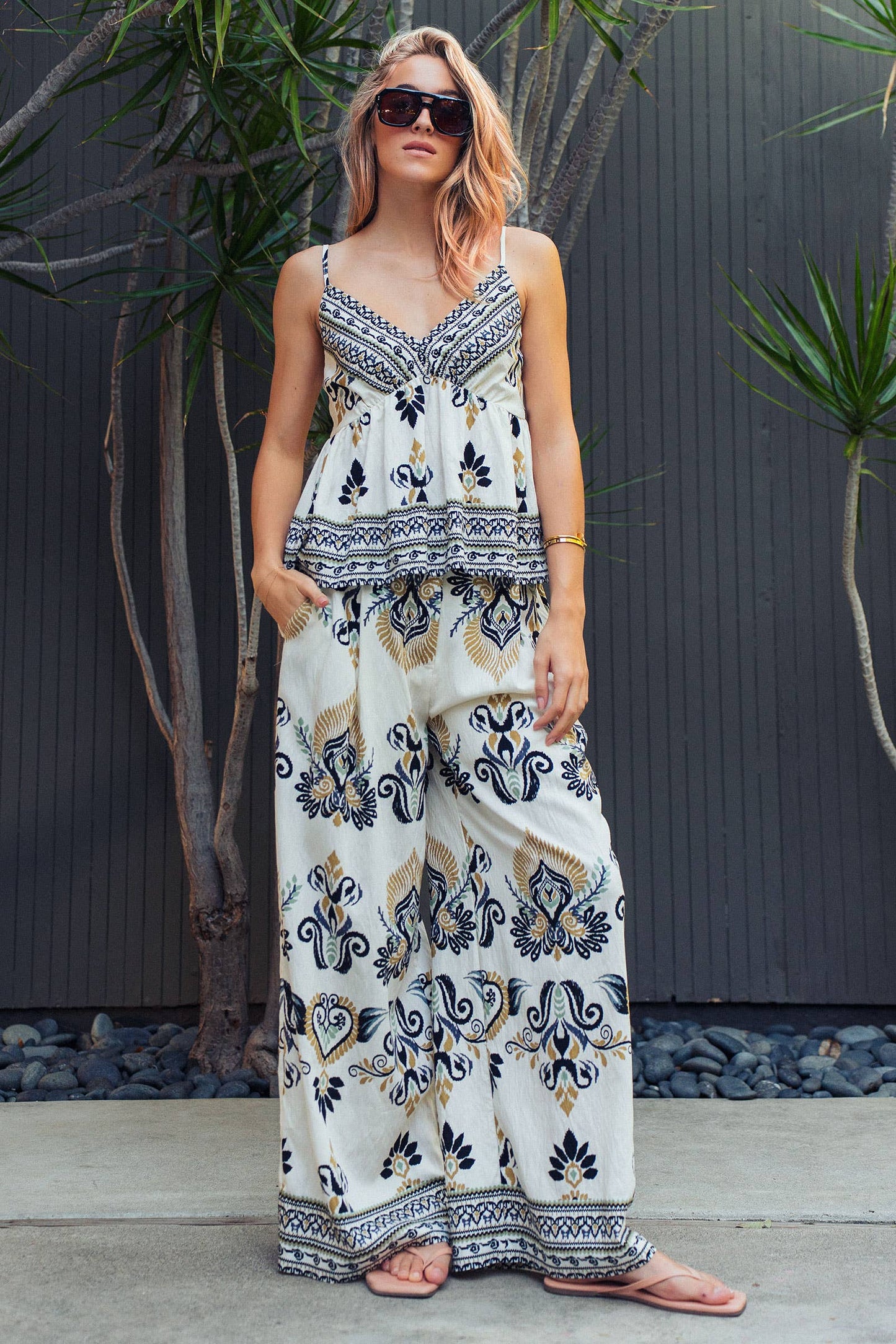 Boho Paisley Print Smocked Peplum Cami Top: Multi Colored