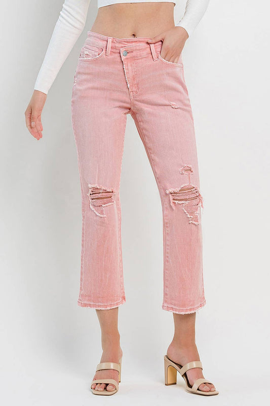 HIGH RISE CROSS OVER CROP STRAIGHT JEANS F5647BRS: BRIDAL ROSE