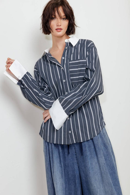 Charcoal/White striped woven top - FT1310