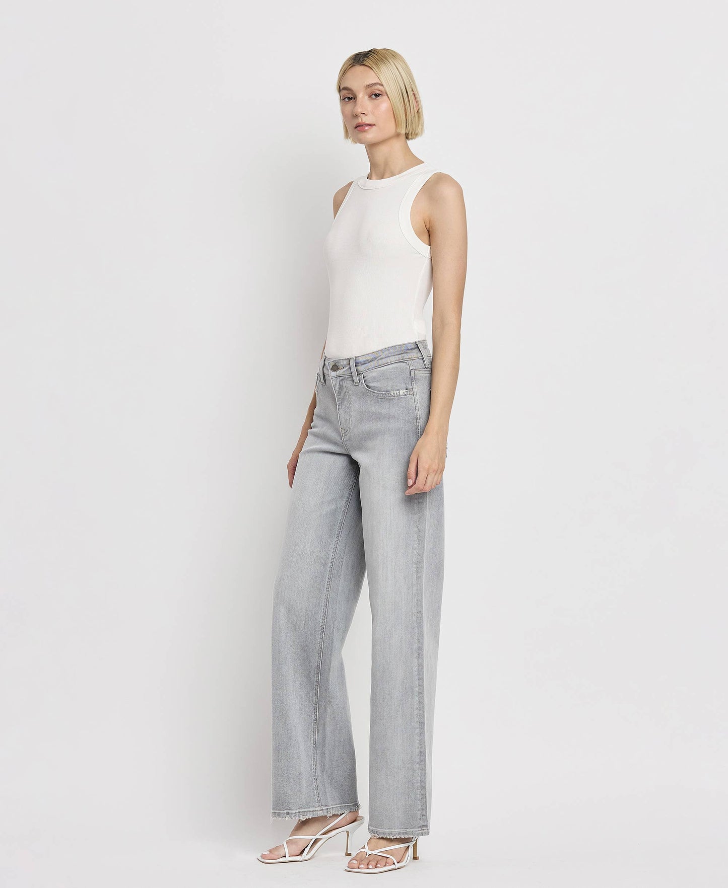 Flying Monkey High Rise Light Grey Wide Leg Jeans F5651