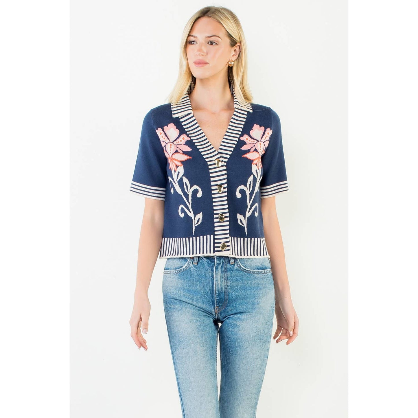 Floral Jacquard Stripe Trim Knit Top: NAVY
