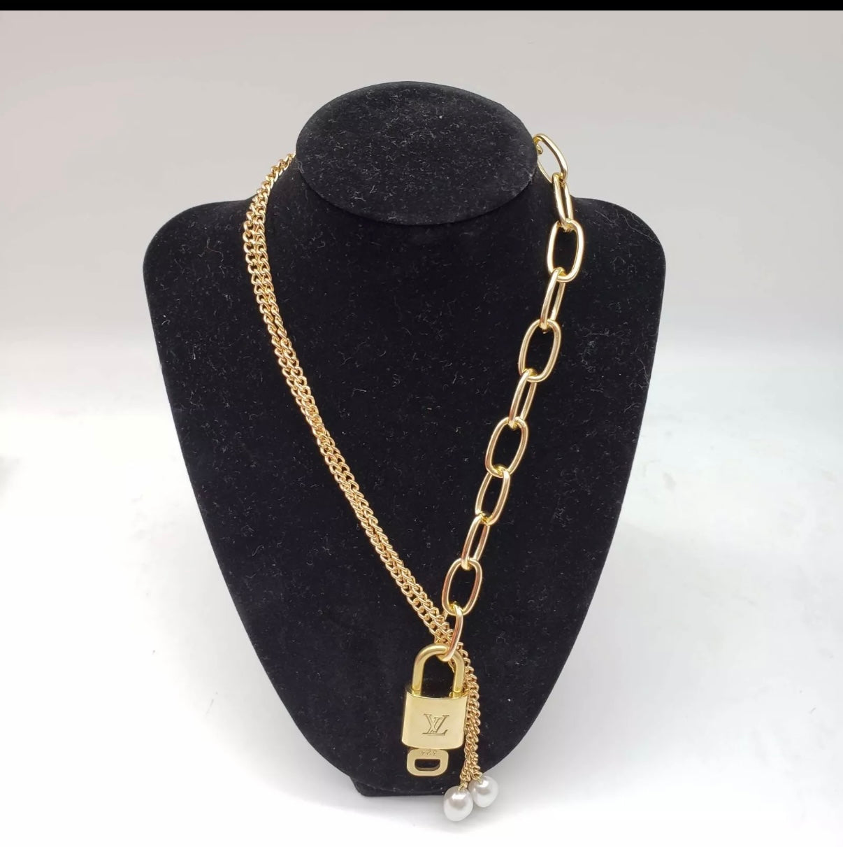 Louis Vuitton Lock and Key on gold tone chain with pearl accents