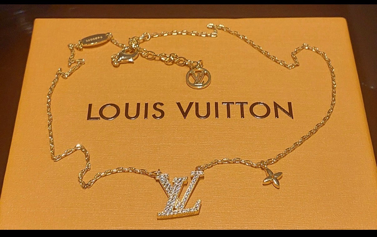 Louis Vuitton Crystal Logo Necklace - gold
