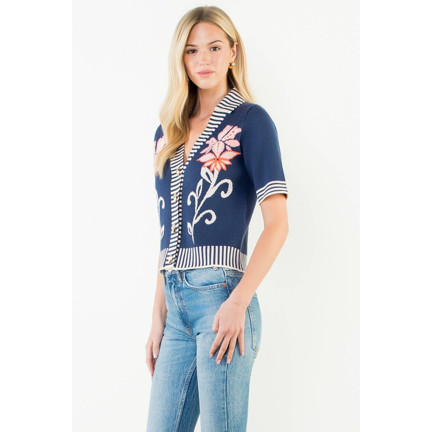 Floral Jacquard Stripe Trim Knit Top: NAVY