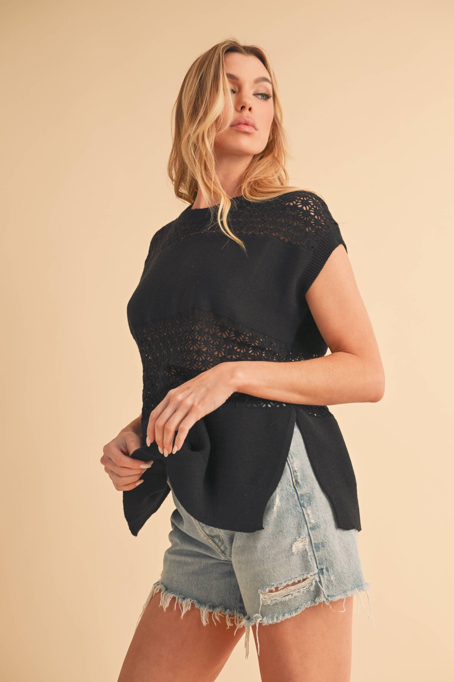 Ameena Open Stitch Mesh Sleeveless Top: Black