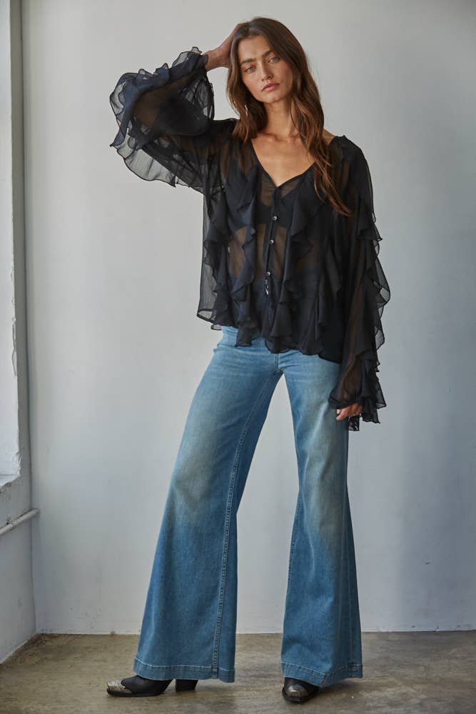 Ruffled V-Neck Button Down Top: Black