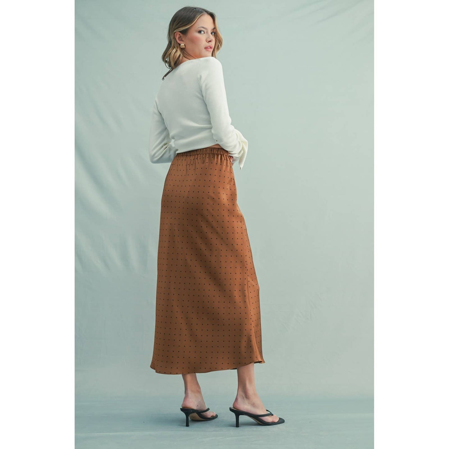 POLKA DOT SATIN MIDI SKIRT / WL25-11487: CHOCO/BLACK