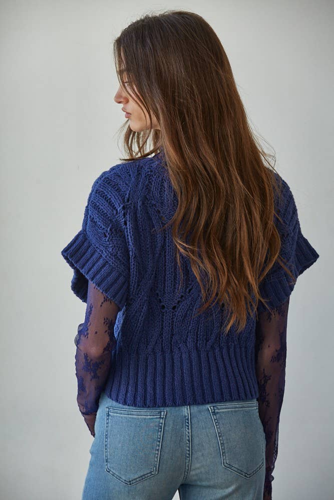 Crochet Round Neck Short Sleeve Top: Royal Blue