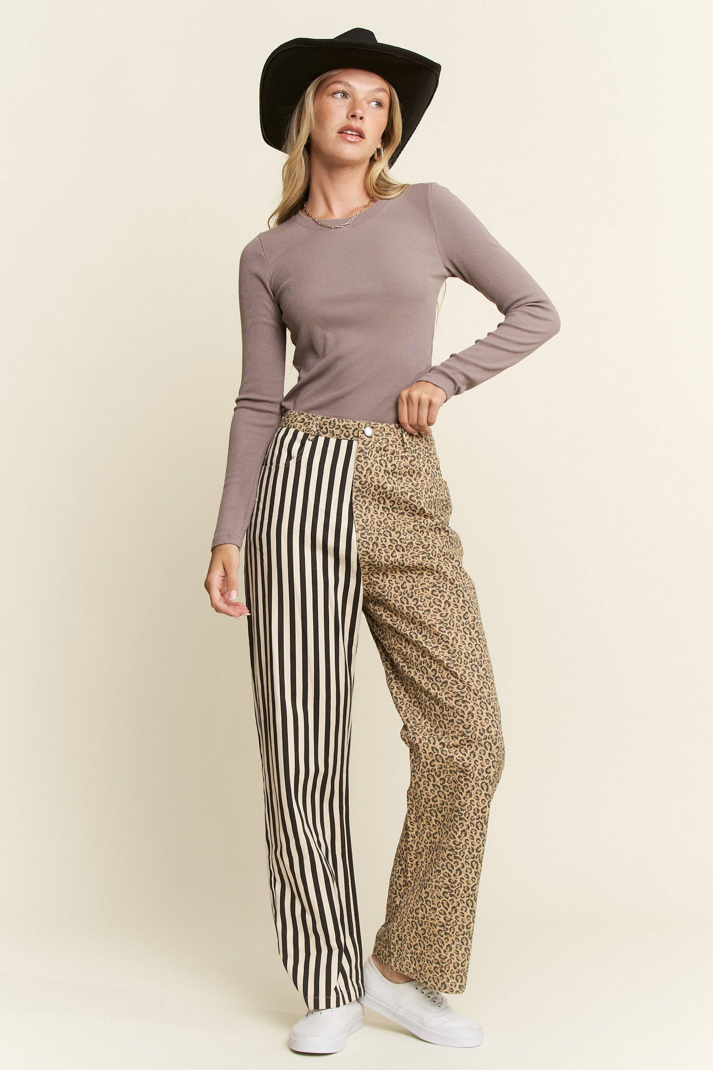 MIX & MATCH LEOPARD-STRIPE PANTS: Brown