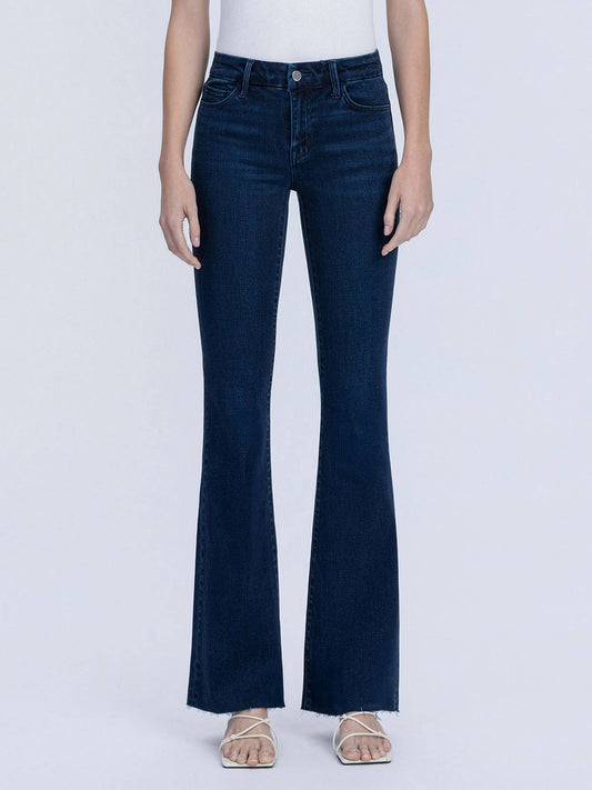 MID RISE RAW HEM DARK WASH TINTED BOOTCUT JEANS F9011: PERIWINKLE /