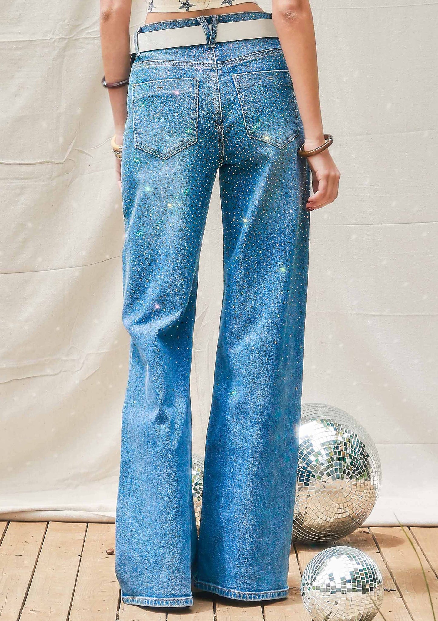 Iridescent Rhinestone High-Rise Wide Leg Jeans: Medium Stone