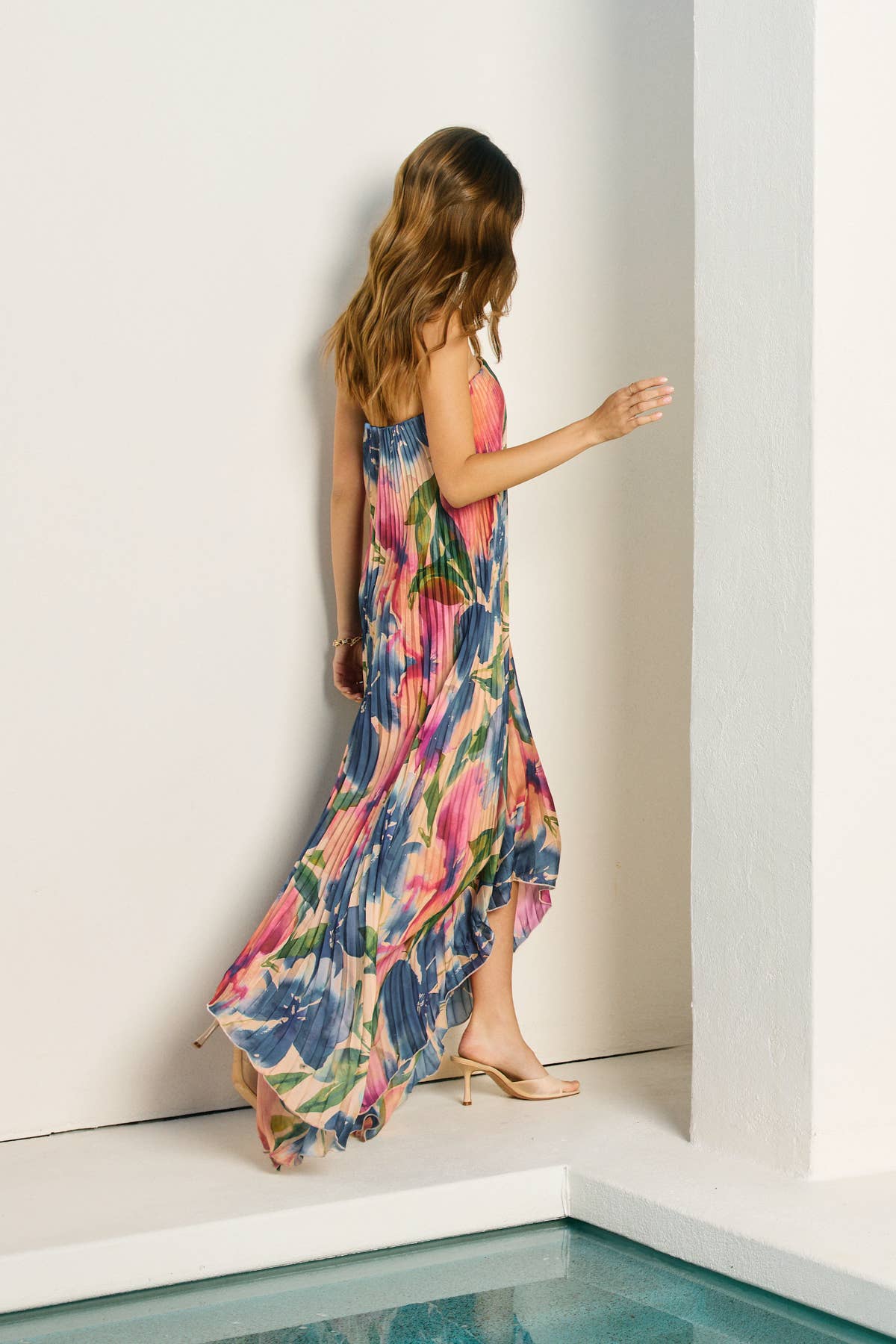 Floral Strapless Pleated Maxi Column Dress: LAPIS BLOOM