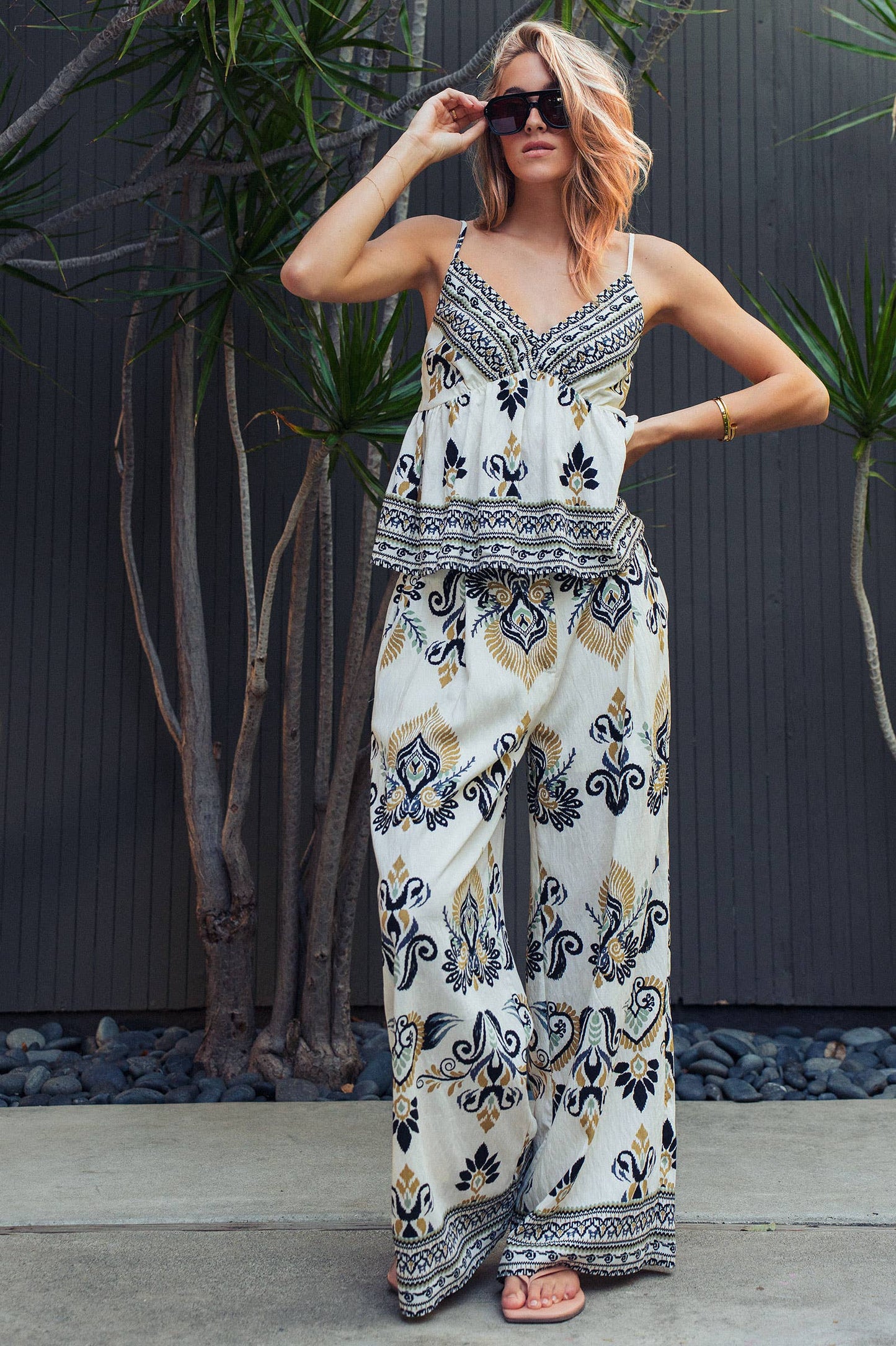Boho Paisley Print Smocked Peplum Cami Top: Multi Colored