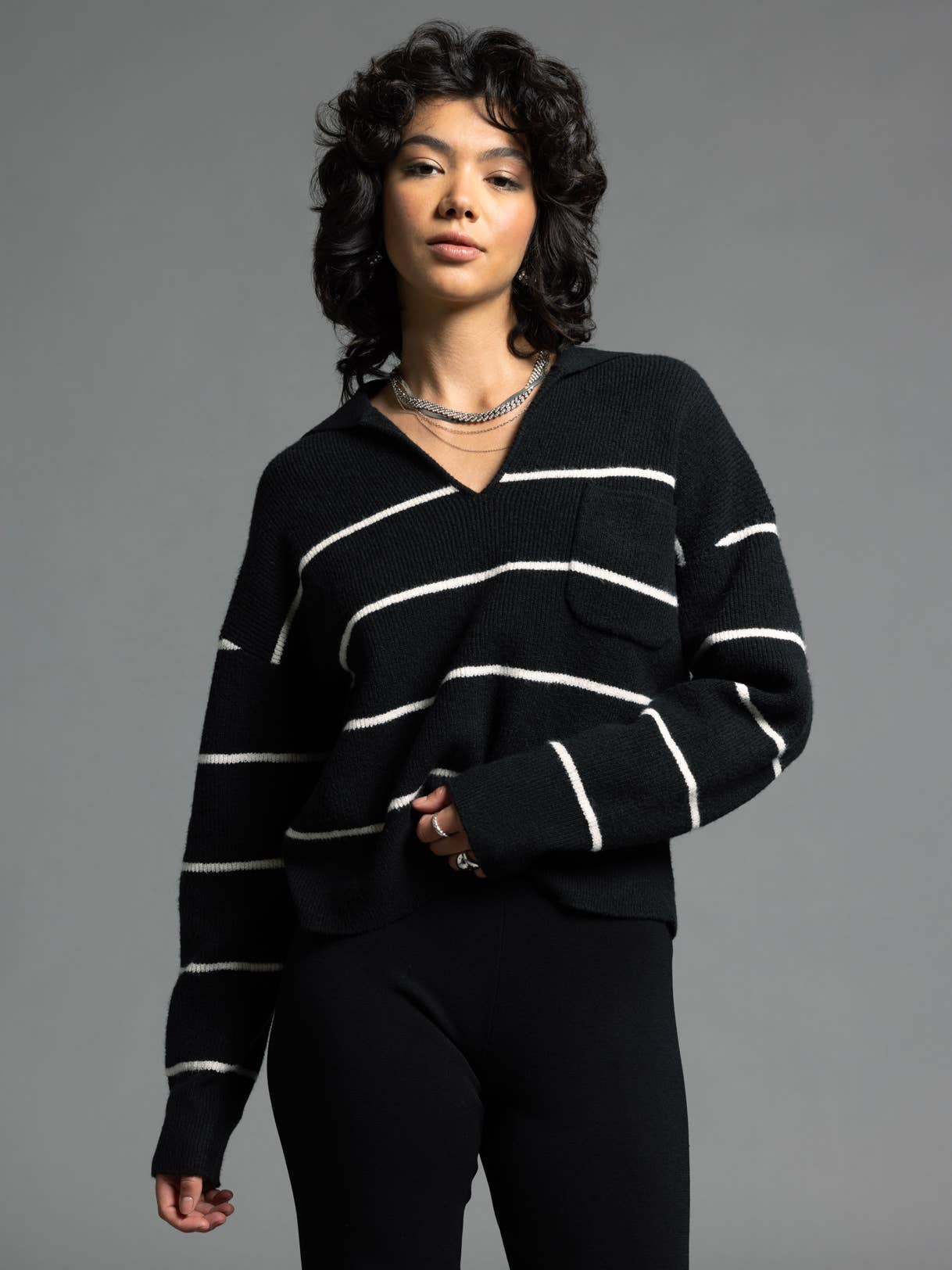 Collared Cropped Sweater - CRESSIDA SWEATER: BLACK IVORY STRIPE