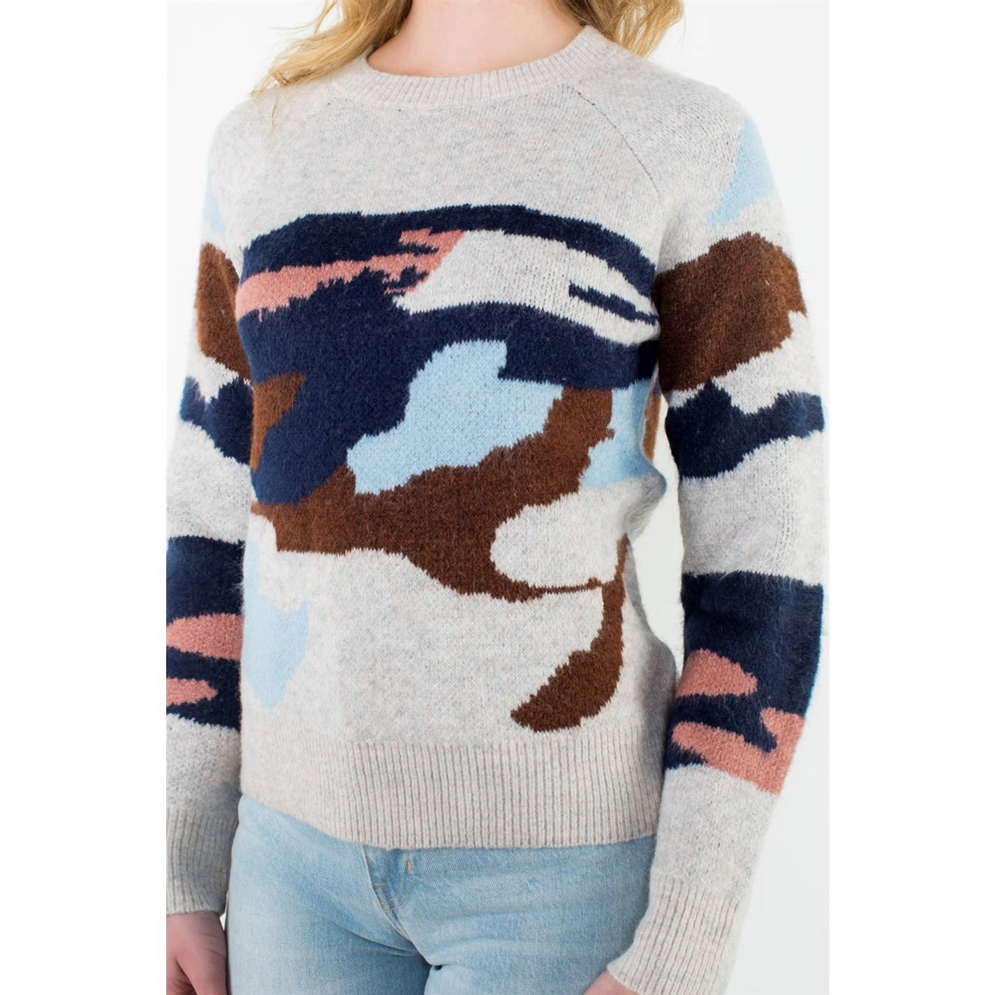 Camo Knit Crewneck: BEIGE