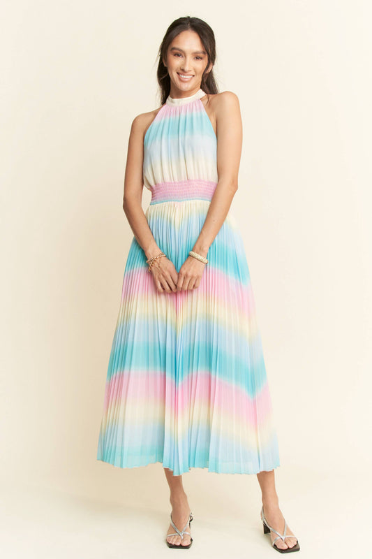 OMBRE STRIPED FULL LINED MAXI DRESS: Rainbow Combo