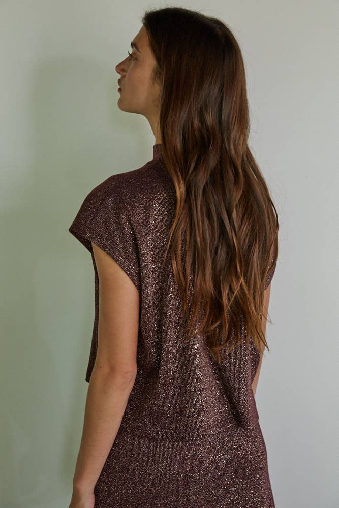 Lurex Mock Neck Sleeveless Top: Plum