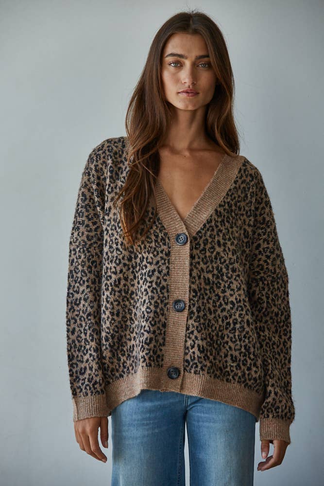 V-Neck Animal Print Cardigan: Mocha Black