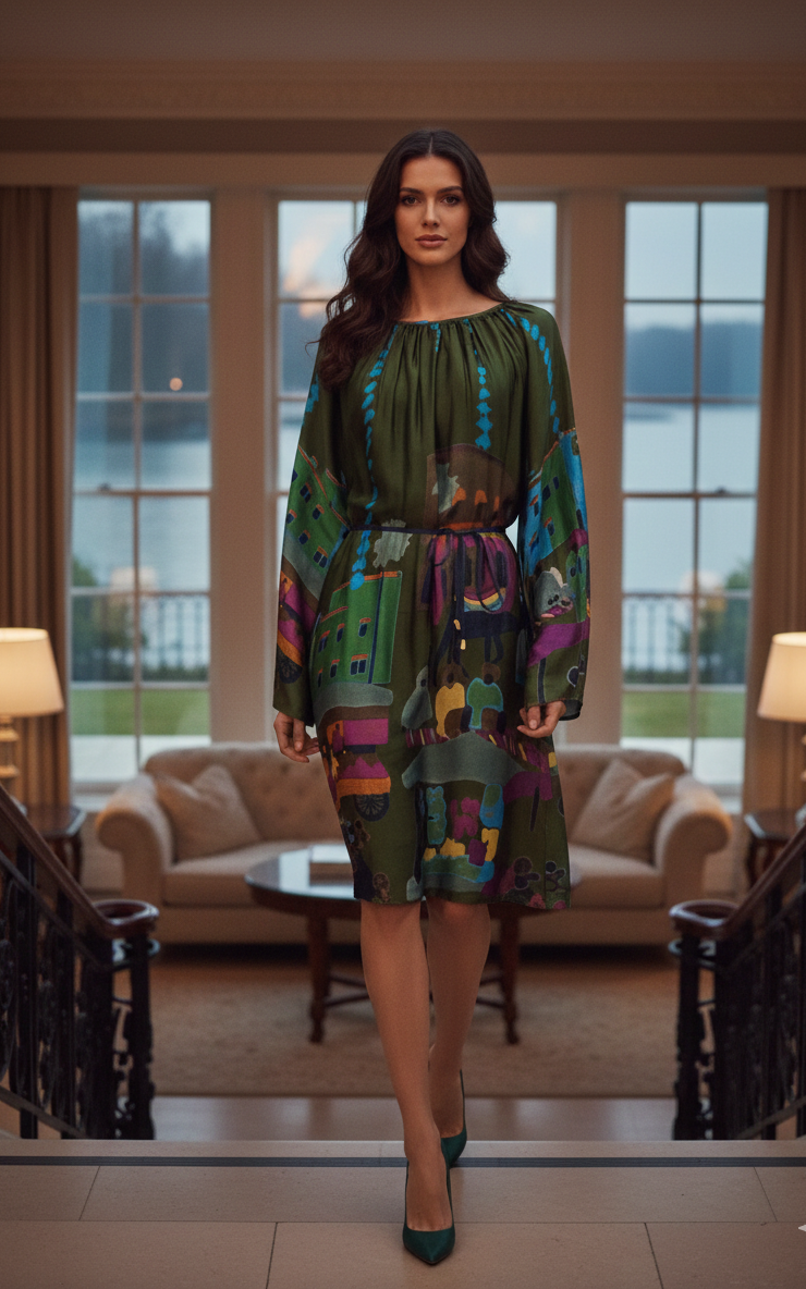 Conversational Print Long Sleeve Dress