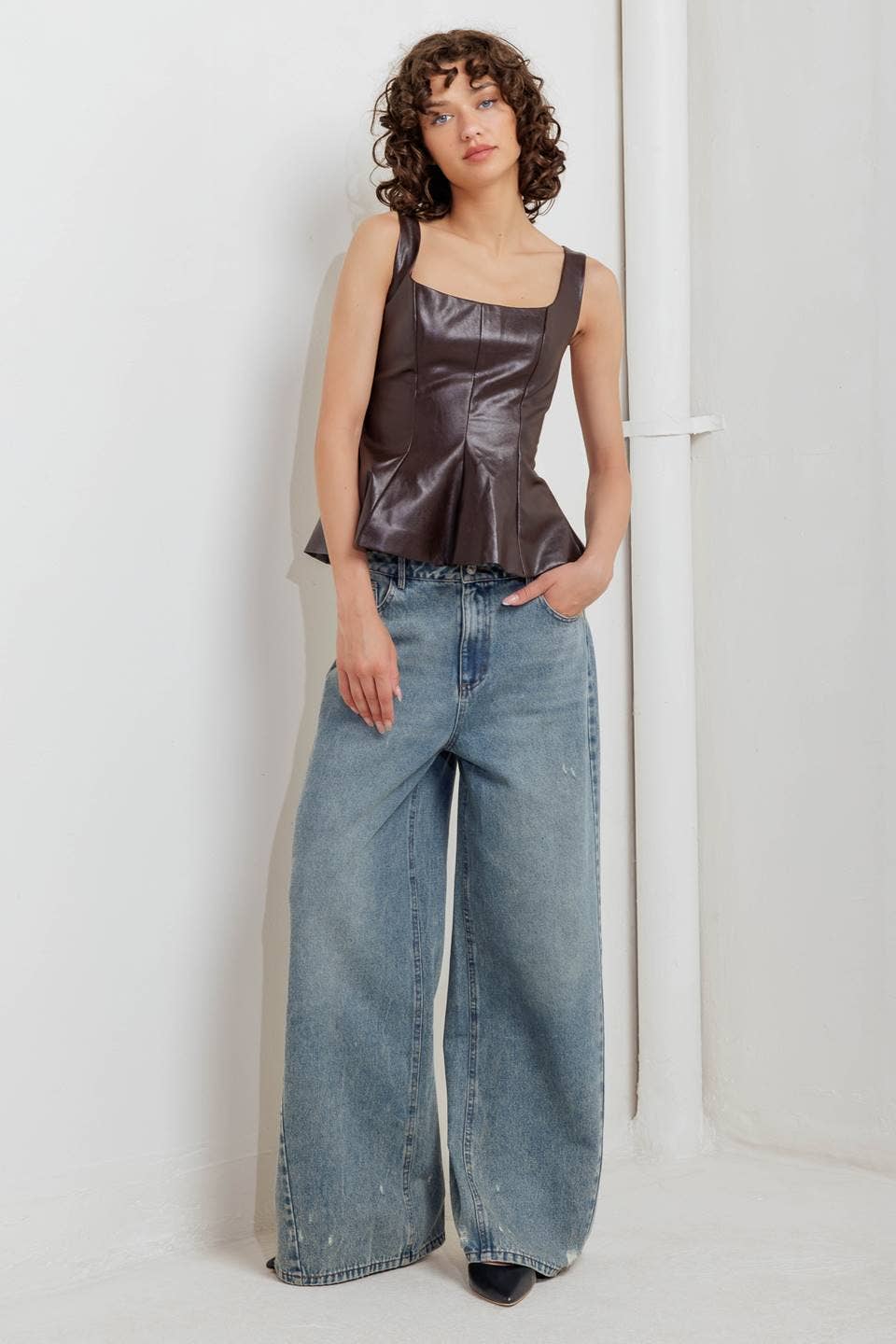 Faux leather tank top - FT1617: CHOCOLATE