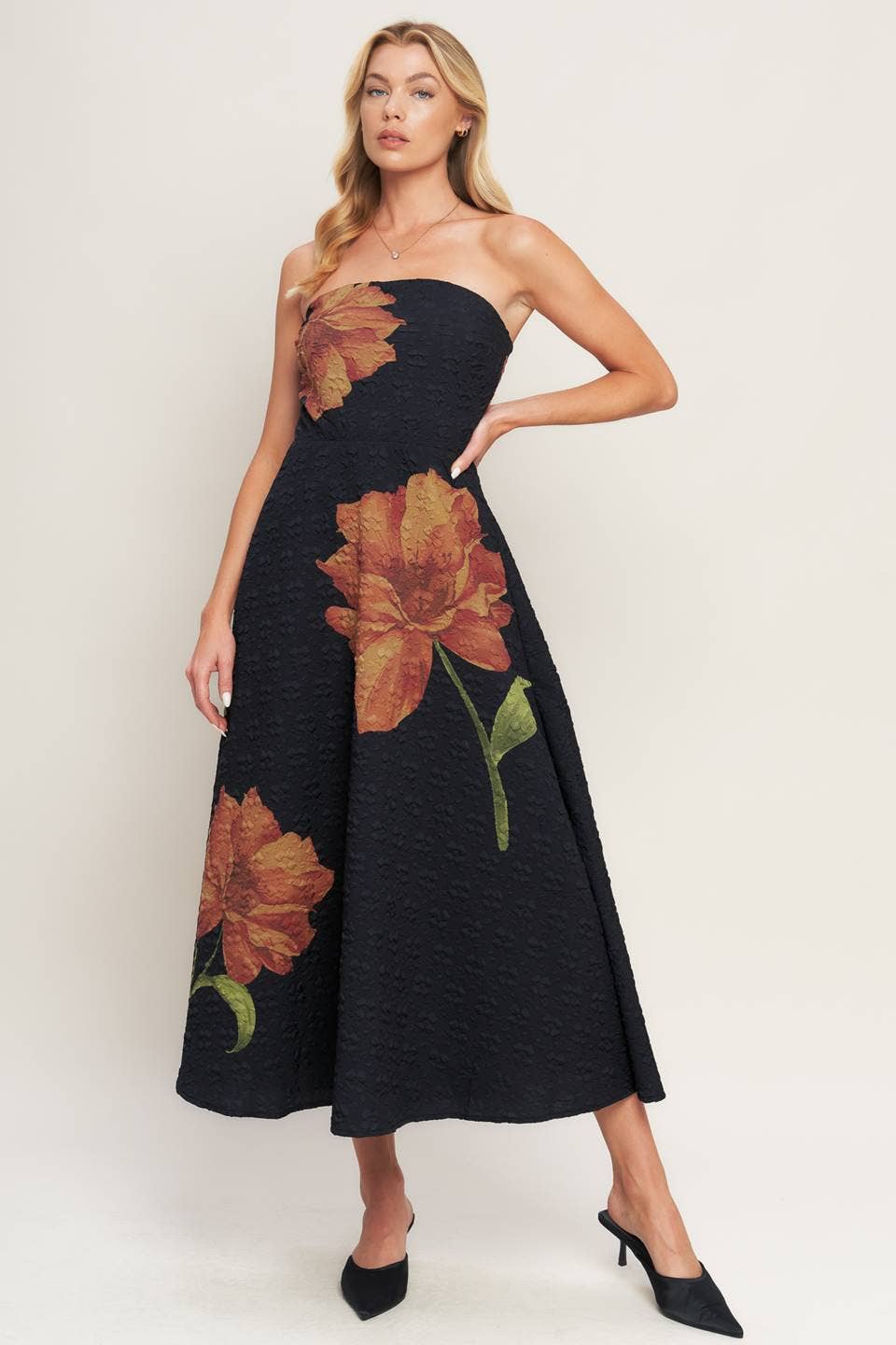 Textured strapless Floral dress - ID23194: Black
